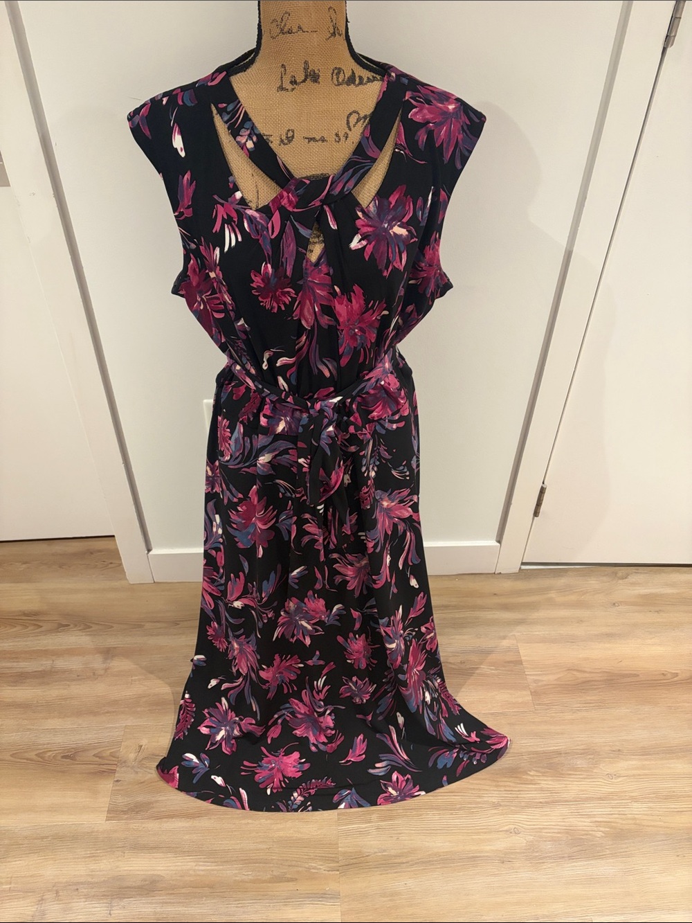 Kasper Black Midi Dress with Magenta Floral Print